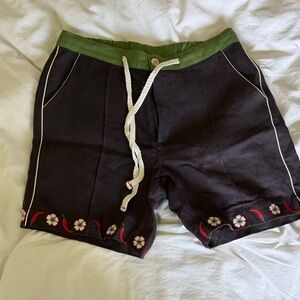 Black Floral Hem Drawstring Shorts with Green Waistband - NEW WITH TAGS